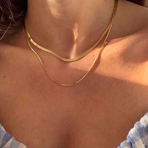18K Gold Plated Double Layered Chain Stacked Necklace Herringbone Snake Chain - Picture 8 of 8